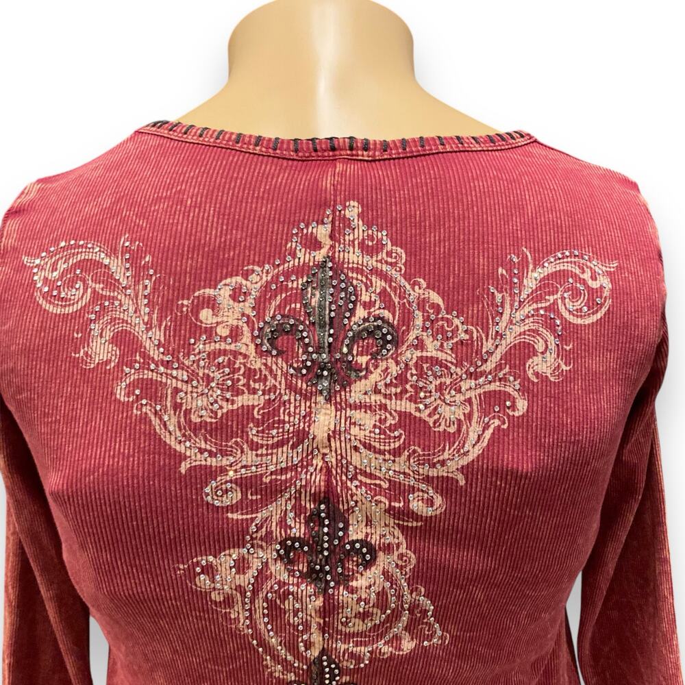 Vocal Maroon Rhinestone Ribbed Tunic Sz Small - Picture 7 of 16